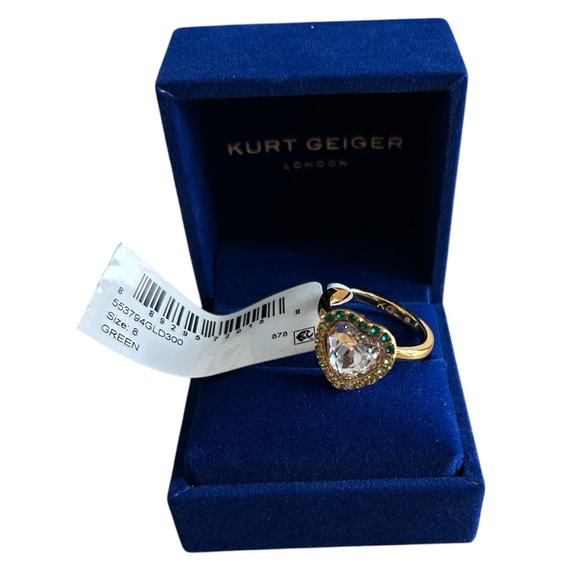 Gold Heart Ring with Clear Center Stone and Green Crystal Halo - Picture 2 of 2